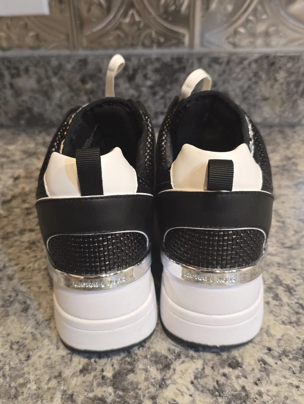 Michael Kors Georgie Black/White/Silver/Plaid Trainer Wedge Sneakers Size 9